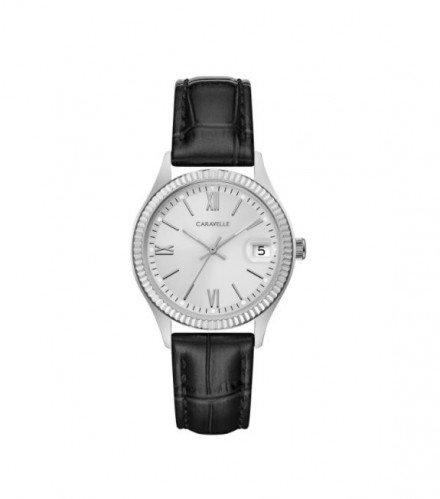 Caravelle Designed by Bulova Women's 43M116 Coin Edge Stainless Black Leather Strap Watch