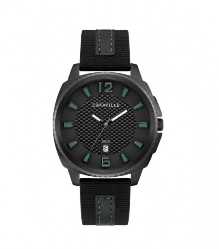 Caravelle by Bulova Mens 45B155 Black IP Stainless Carbon-Fiber Accent Dial Black Nylon Leather Strap Watch