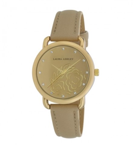 Laura Ashley Womens Gold Floral Mirror Dial Strap Watch