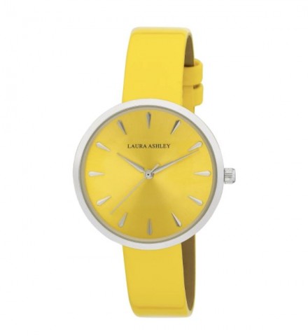 Laura Ashley Womens Silver Round Case With Yellow Strap Watch