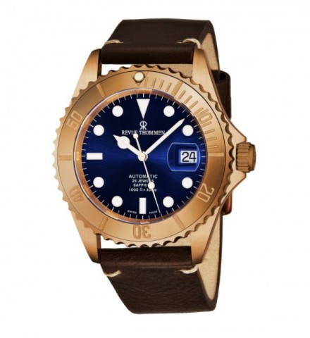 Revue Thommen Men's 17571.2595 'Diver' Blue Dial Brown Leather Strap Bronze/Steel Automatic Watch