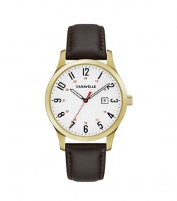 Caravelle Designed by Bulova Men's 44B116 Easy Reader Goldtone Stainless Brown Leather Strap Watch