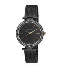 Laura Ashley Ladies Black T-Bar Case Double Stone Bezel Mesh Band Watch