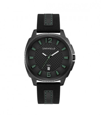 Caravelle by Bulova Mens 45B155 Black IP Stainless Carbon-Fiber Accent Dial Black Nylon Leather Strap Watch