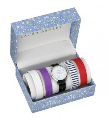 Laura Ashley Womens LASS1105SS Silver Case Solid Strap Watch Set Interchangeable Straps
