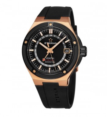 Eterna Men's 7740.63.41.1289 'KonTiki' Black Dial Black Rubber Strap Goldtone GMT Automatic Swiss Made Watch