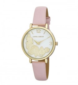 Laura Ashley Womens Gold Round Floral Bounty Strap Watch