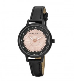 Laura Ashley Womens Black Round "Sunflower" Dial Strap Watch
